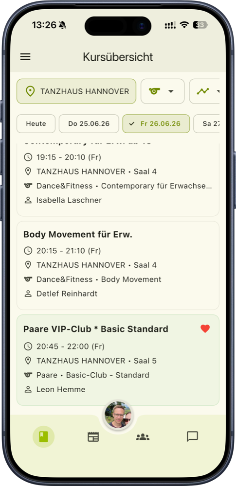 Kursübersicht der TanzschulApp mit einem als Favorit markierten Kurs