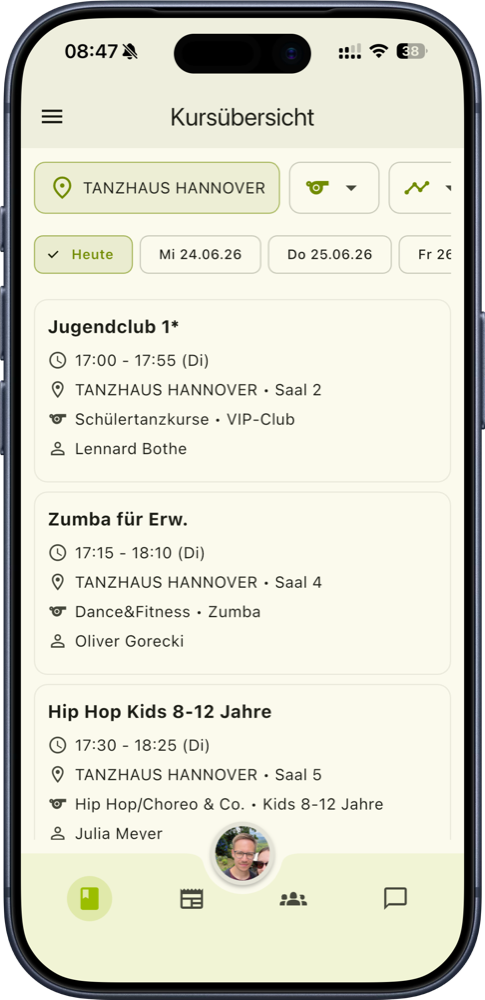 Handy-Ansicht der Kursübersicht in der TanzschulApp