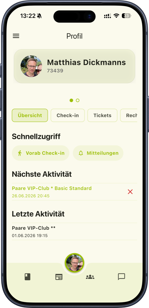 Kundenprofil in der TanzschulApp mit Schnellzugriff und Aktivitäten