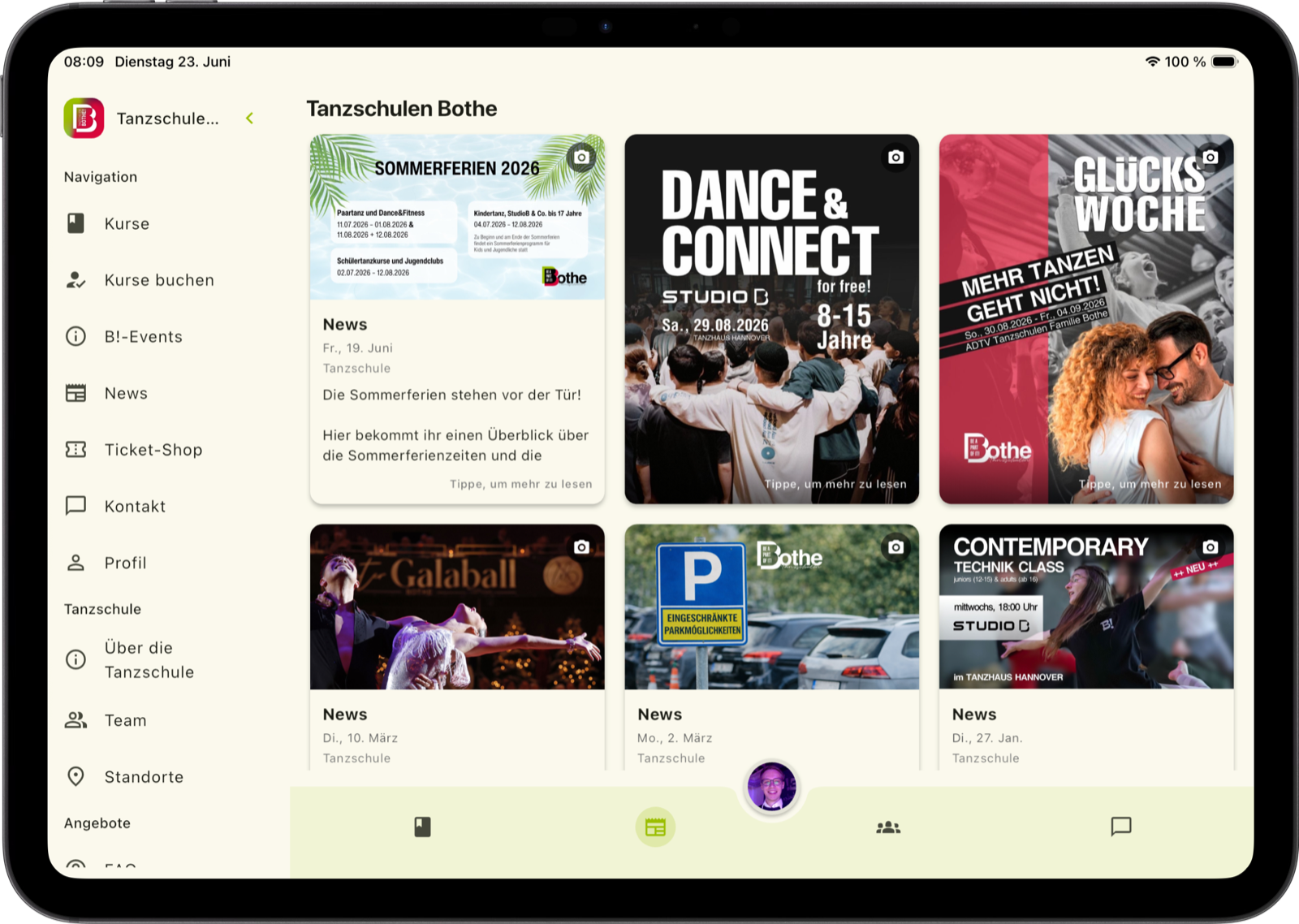 Tablet-Ansicht der TanzschulApp mit News und Navigation