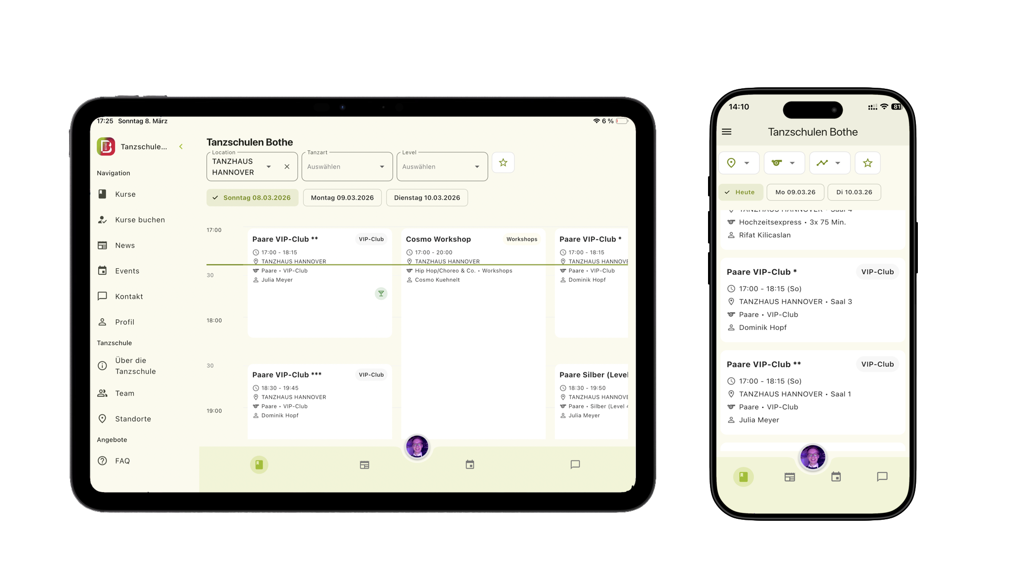 TanzschulApp auf Tablet und Smartphone